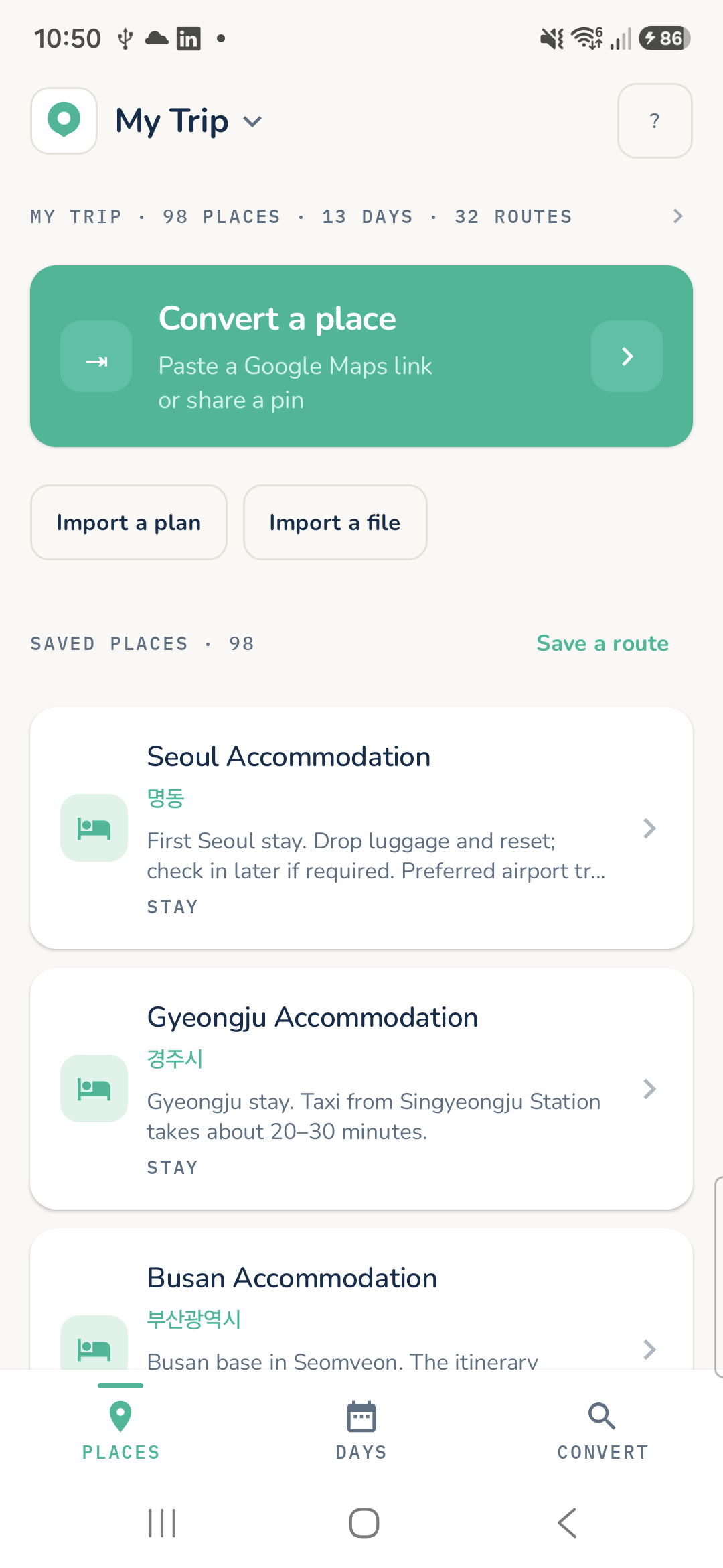Maptinerary Places screen showing a saved trip